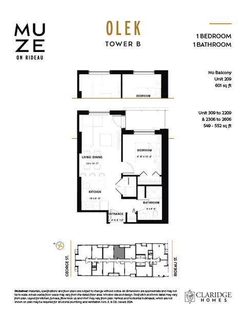 Floor plan for 1 bed, 1 bath, 552 sqft
